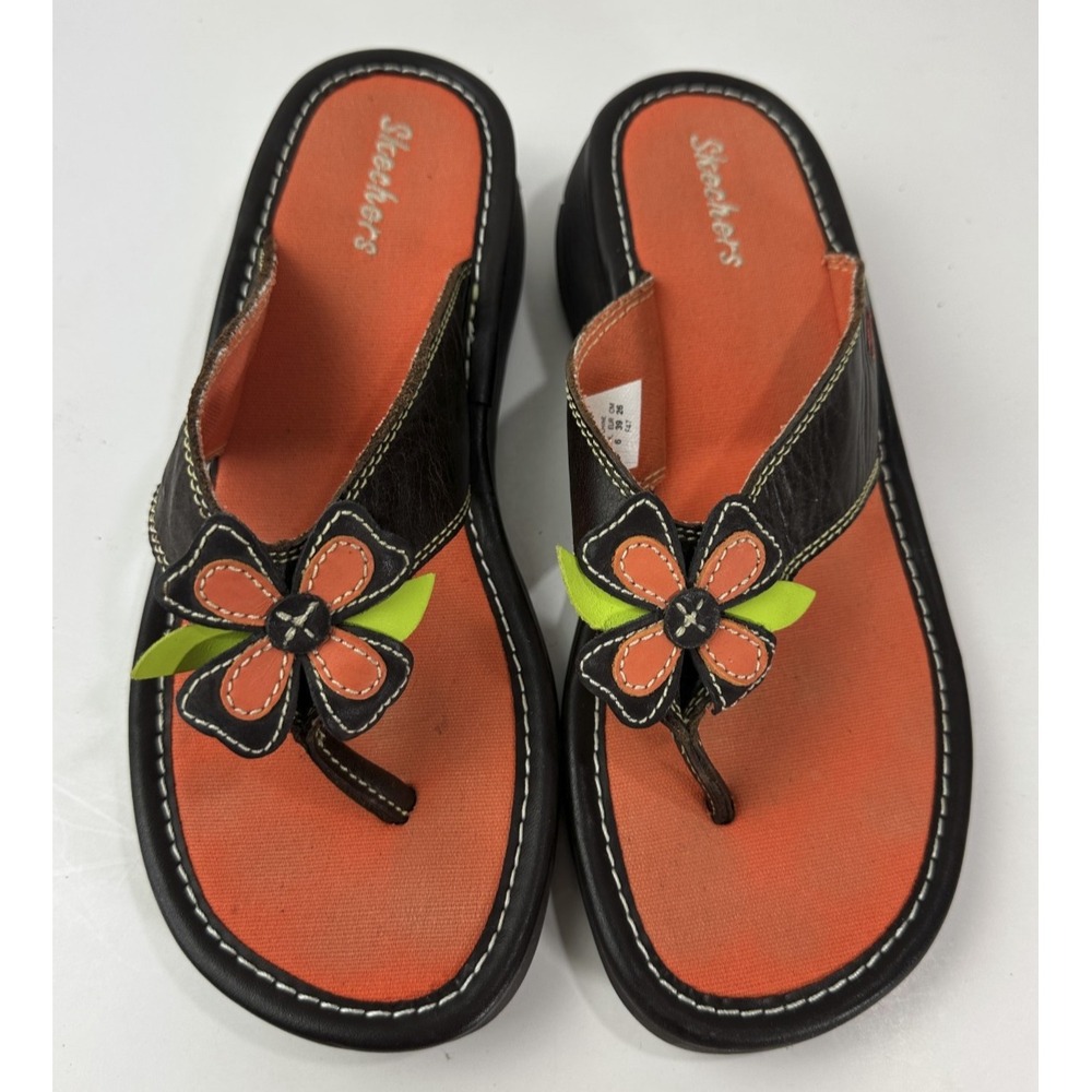 Skechers Y2K Style Flower Flip Flop Sandals Leather Size 9 Hippie Boho Festival - Picture 2 of 16